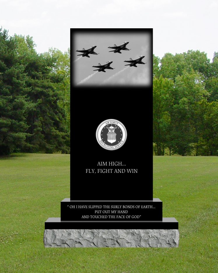 Black granite civic memorial honouring Air Force service