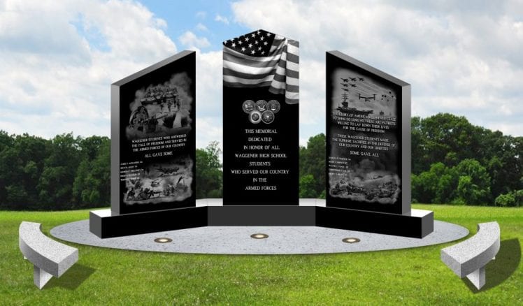 Civic veterans memorial of three black granite panels on a curved plaza with benches